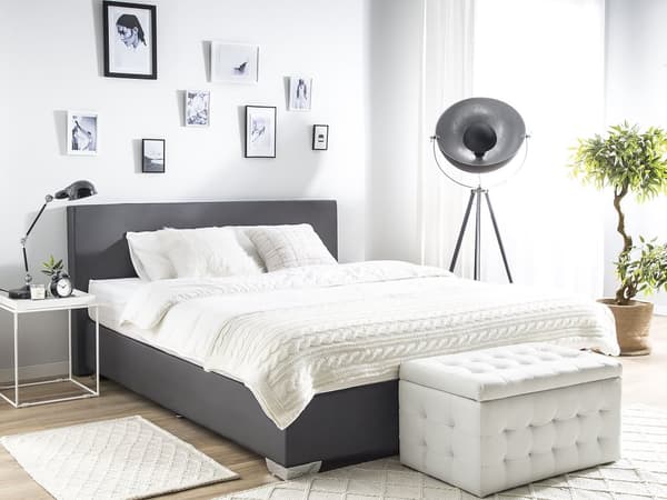 Kontinentalseng Mørkegrå Sølv Polyester Metalben 180 x 200 Dobbeltseng Boxmadras med Sengeramme og Hovedgærde Moderne Komfortabel Kvalitetseng