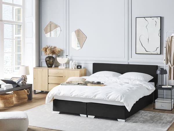 Kontinentalseng Sort Sølv Polyester og Metalben 160 x 200 Dobbeltseng Boxmadras med Sengeramme og Hovedgærde Moderne Komfortabel Kvalitetseng