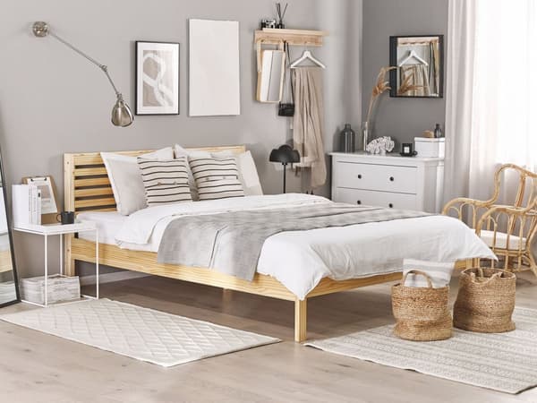 Seng i let træ med sengegavl 180 x 200 cm rustikt design gummitræ soveværelse værelse