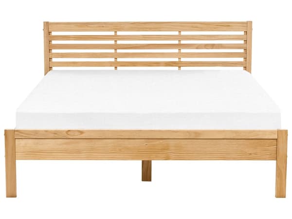 En let træseng med sengegavl 160 x 200 cm rustikt design gummitræ Lys træfarve Soveværelse