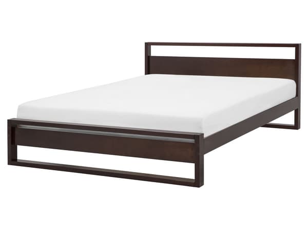 Dobbeltseng Mørkt Træ 160 x 200 cm 2 Personers Træseng med Lamelbund Sengegavl Minimalistisk Sengeramme Stel Skandinavisk Retro Soveværelse