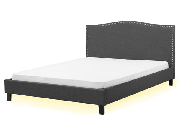 Dobbeltseng Grå Polyester 160 x 200 cm Polstret Sengeramme med Sengegavl LED Lys Glamour Knap Mønster Soveværelse Dekor
