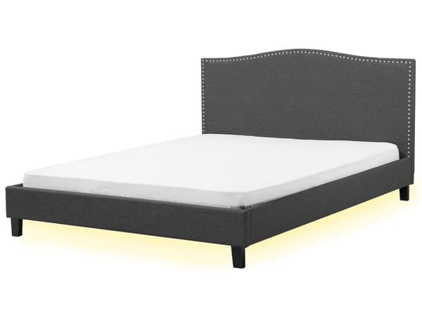 Dobbeltseng Grå Polyester 180 x 200 cm Polstret Sengeramme med Sengegavl LED Lys Glamour Knap Mønster Soveværelse Dekor