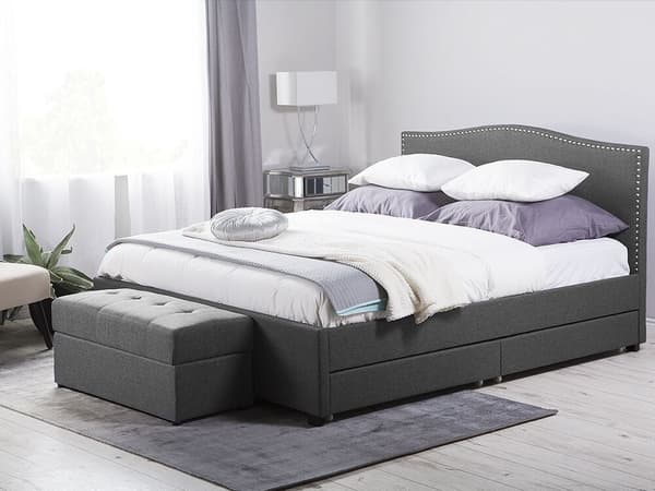 Dobbeltseng Grå Polyester 180 x 200 cm Polstret Sengeramme med Opbevaring Skuffer på Hjul Sengegavl LED Glamour Knap Mønster Soveværelse Dekor