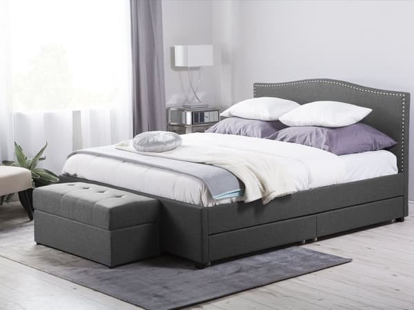 Dobbeltseng Grå Polyester 160 x 200 cm Polstret Sengeramme med Opbevaring Skuffer på Hjul Sengegavl LED Glamour Knap Mønster Soveværelse Dekor
