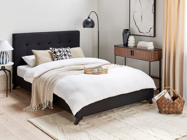 Sort Polstret Seng 140 x 200 cm med en Ramme og en Sengegavl med Dekorative Knapper