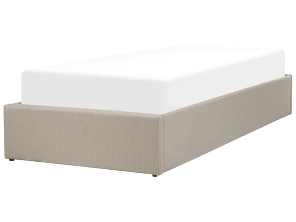 Seng Beige Polstret Sengestel 90 x 200 cm Enkeltmandsseng med Opbevaring og Lamelbund uden Gavl til Børneværelse Soveværelse Indretning