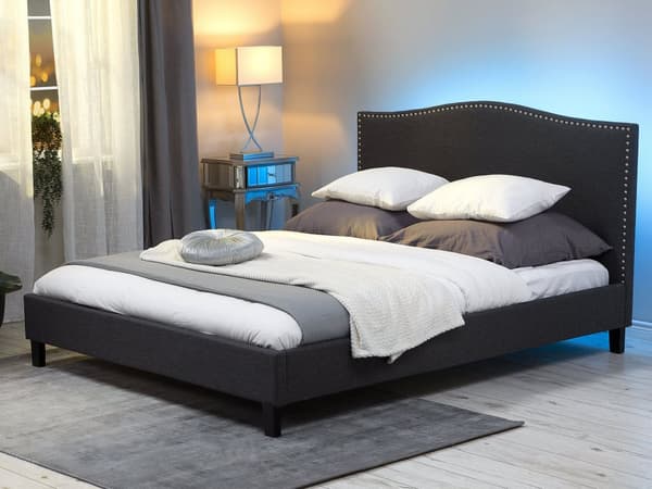 Dobbeltseng Grå Polyester 180 x 200 cm Polstret Sengeramme med Sengegavl LED Lys Glamour Knap Mønster Soveværelse Dekor