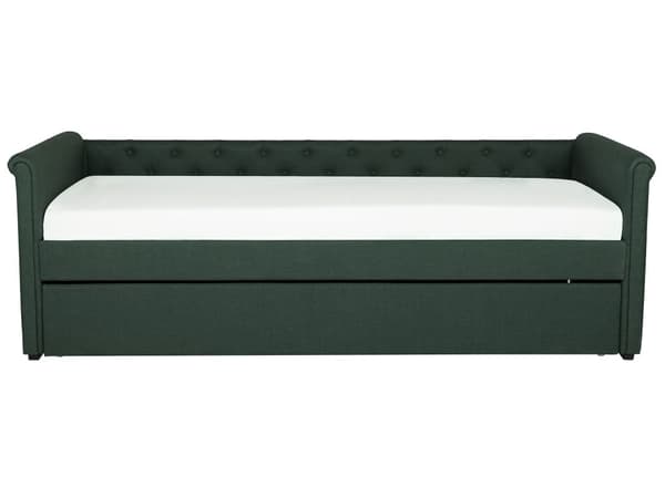 Sohvasänky tummanvihreä 90 x 200 cm kangasverhoilu sälepohja ulosvedettävä lisävuode napitettu retro