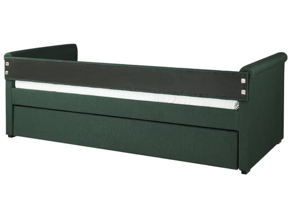 Sohvasänky tummanvihreä 90 x 200 cm kangasverhoilu sälepohja ulosvedettävä lisävuode napitettu retro
