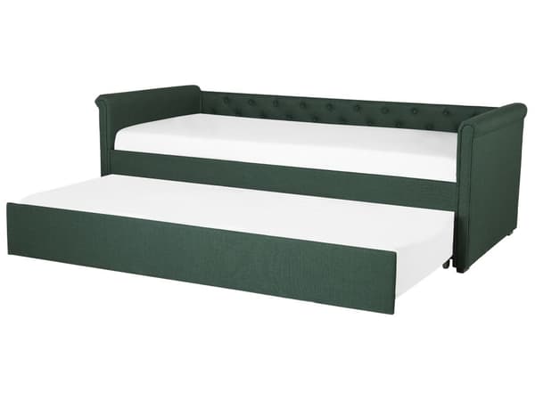 Sohvasänky tummanvihreä 90 x 200 cm kangasverhoilu sälepohja ulosvedettävä lisävuode napitettu retro