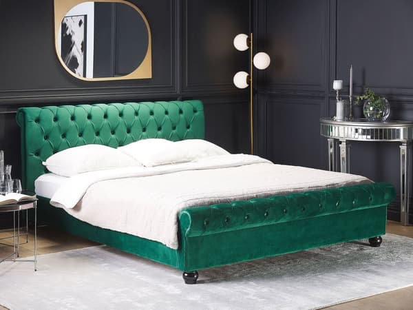 Seng med Grøn Velourramme 180 x 200 cm med Quiltet Sengegavl Glamourstil