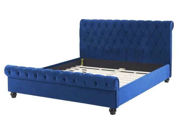 Seng med Blå Velourramme 160 x 200 cm med Quiltet Sengegavl Glamourstil