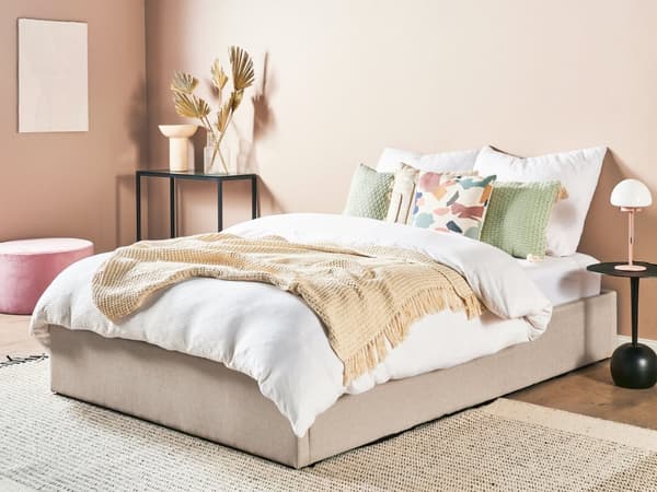 Seng Beige Polstret Sengestel 140x200 cm 1 5 mands enkeltseng med Opbevaring og Lamelbund uden Gavl til Soveværelse Indretning Design Kvalitet