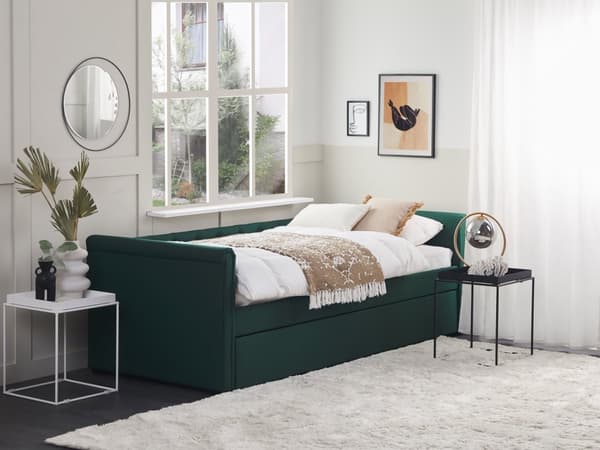 Enkeltseng Mørkegrøn Polyester 90 x 200 cm Junior Sofa Seng med Udtræk til Dobbeltseng Quiltet Ryglæn til Børneværelse Multifunktionel Design