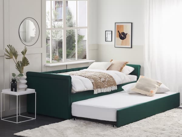 Enkeltseng Mørkegrøn Polyester 90 x 200 cm Junior Sofa Seng med Udtræk til Dobbeltseng Quiltet Ryglæn til Børneværelse Multifunktionel Design