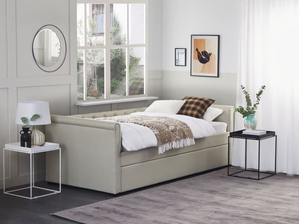 Enkeltseng Beige Polyester 90 x 200 cm Junior Sofa Seng med Udtræk til Dobbeltseng Quiltet Ryglæn til Børneværelse Multifunktionel Design