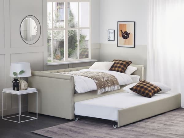 Enkeltseng Beige Polyester 90 x 200 cm Junior Sofa Seng med Udtræk til Dobbeltseng Quiltet Ryglæn til Børneværelse Multifunktionel Design