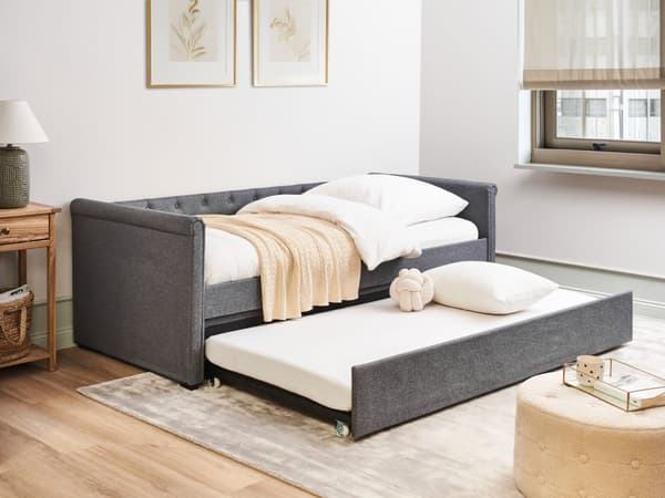 Enkeltseng Mørkegrå Polyester 90 x 200 cm Junior Sofa Seng med Udtræk til Dobbeltseng Quiltet Ryglæn til Børneværelse Multifunktionel Design