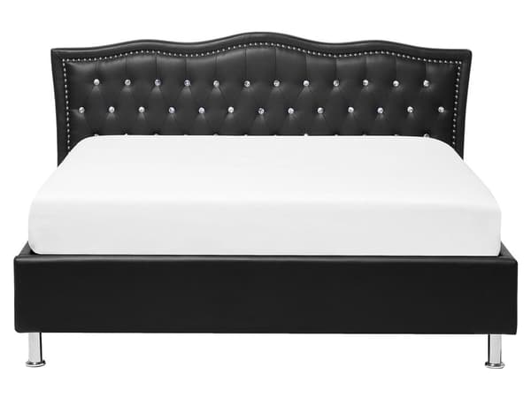 Parisänky musta keinonahka 160 x 200 cm sälepohja verhoilunaula koristekristallit glamour retro