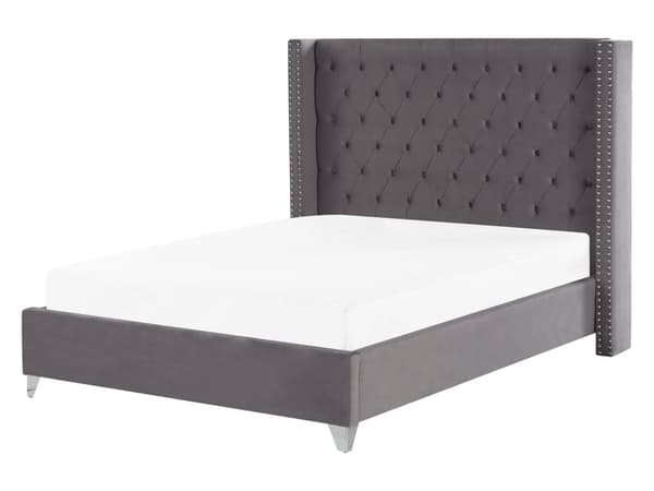 Parisänky harmaa sametti verhoiltu 160 x 200 cm sälepohja napitettu verhoilunaulat retro tyyli