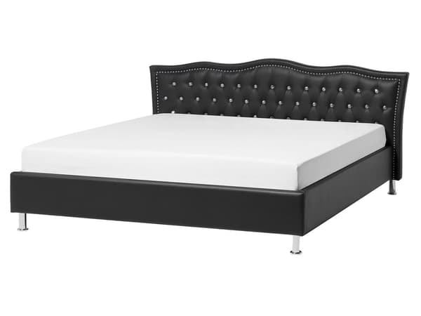 Sort Øko-læderseng 160 x 200 cm med Dekorativ Sengegavl med Krystaller og Nitter