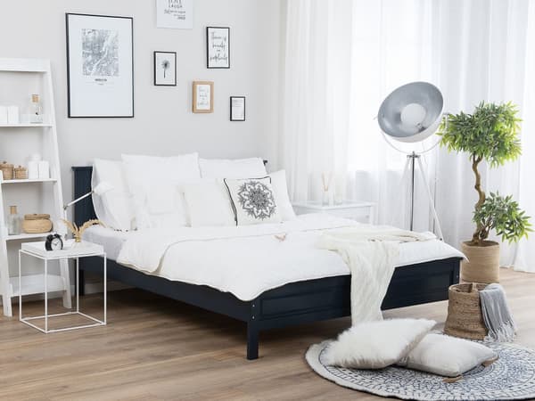 Mørkeblå Seng med Træramme 140 x 200 cm Høj Sengegavl Moderne Design