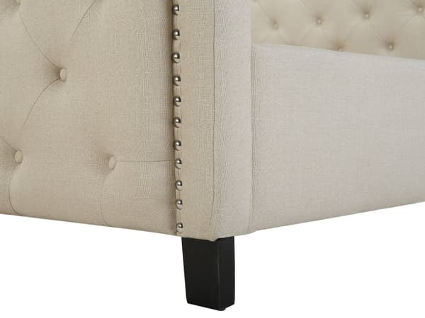 Dobbelt Polstret Beige Seng 160 x 200 cm med Quiltet Sengegavl og Fodstøtte med Nitter