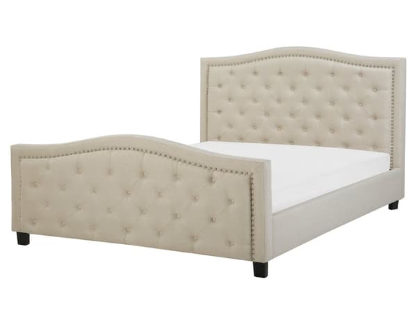Dobbelt Polstret Beige Seng 160 x 200 cm med Quiltet Sengegavl og Fodstøtte med Nitter