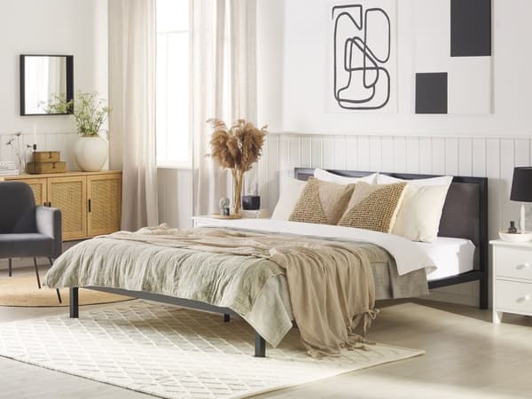 Parisänky musta teräs 180 x 200 cm sälepohjalla harmaa pehmustettu sängynpääty moderni tyyli