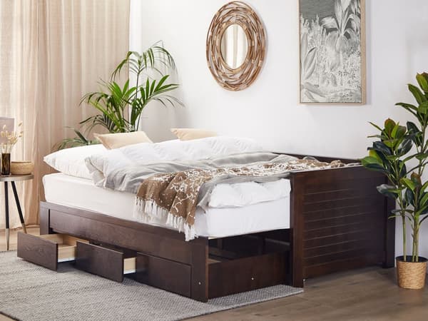 Brun Træseng 90/180 x 200 cm med Ramme Udtræksseng med 3 Skandinaviske Skuffer moderne stil