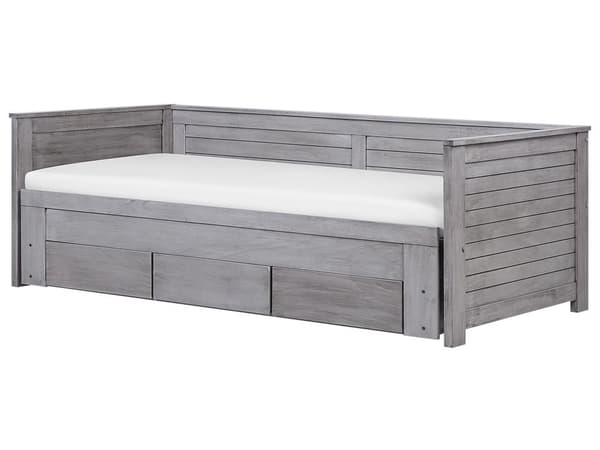 Grå træseng 90/180 x 200 cm med Ramme Udtræksseng med 3 Skandinaviske Skuffer moderne stil