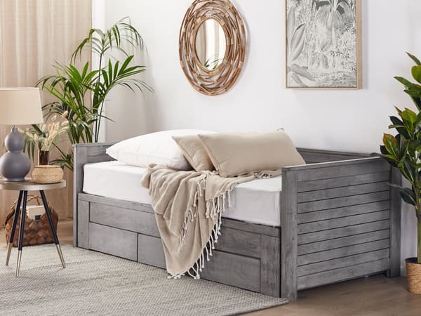 Grå træseng 90/180 x 200 cm med Ramme Udtræksseng med 3 Skandinaviske Skuffer moderne stil