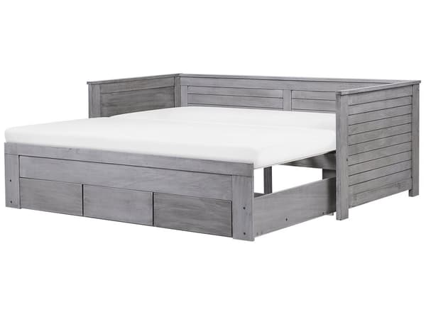 Grå træseng 90/180 x 200 cm med Ramme Udtræksseng med 3 Skandinaviske Skuffer moderne stil