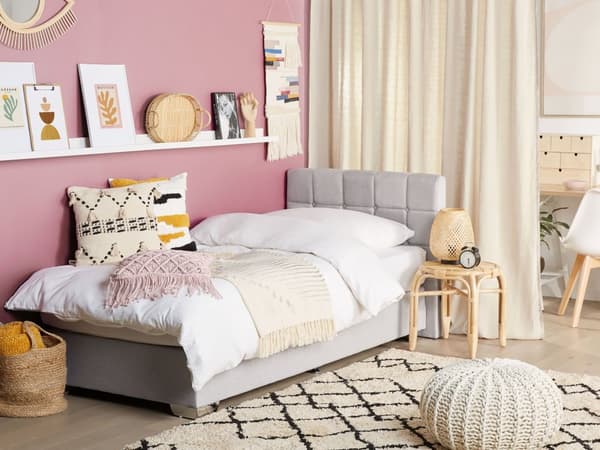 Kontinentalseng Lysegrå Polstret Polyester med Krom Metalben En Mands Seng 90 x 200 cm Medium Madras Komfortabel og Quiltet Sengegavl