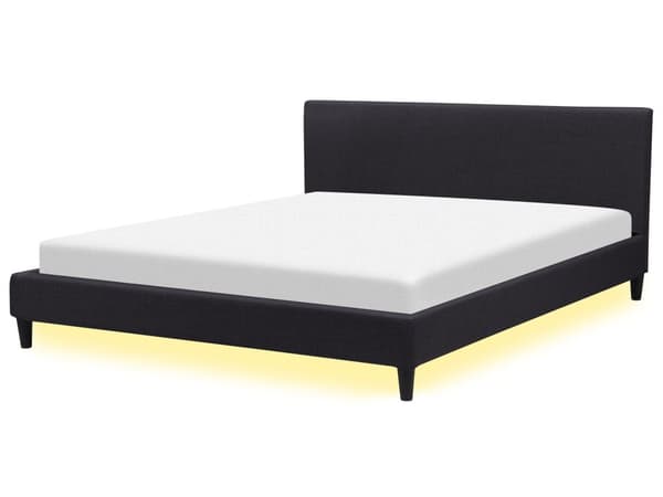 Dubbelsäng 180 x 200 cm Svart Tyg Lamellbas med Vit LED Belysning Modern