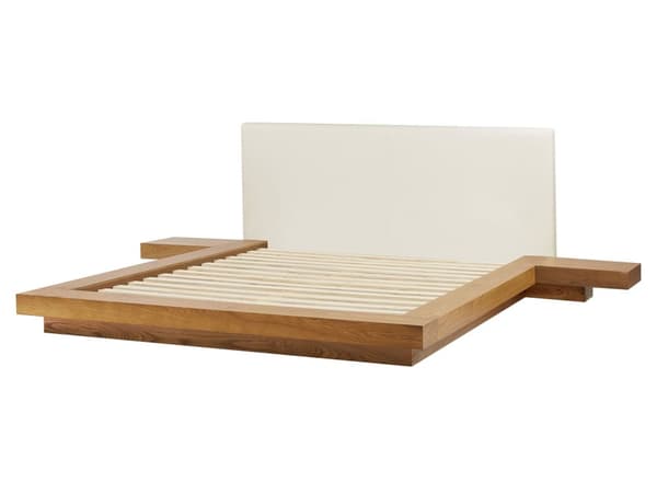 Parisänky vaalea MDF-levy 160 x 200 cm sälepohja yöpöydät valkoinen keinonahka sängynpääty matala moderni tyyli