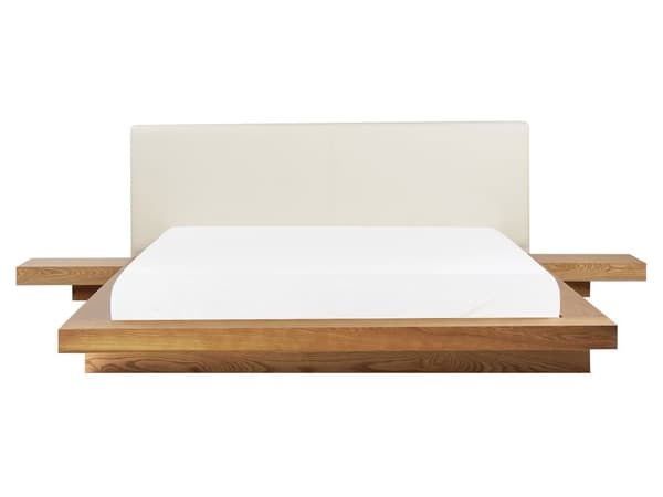 Parisänky vaalea MDF-levy 160 x 200 cm sälepohja yöpöydät valkoinen keinonahka sängynpääty matala moderni tyyli