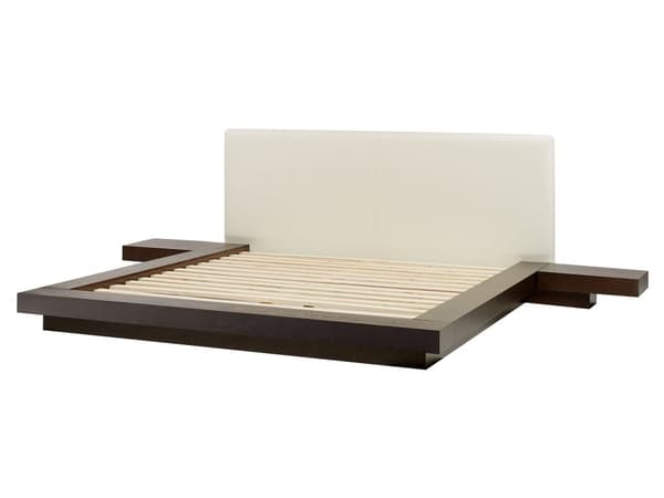 Parisänky tumma MDF-levy 160 x 200 cm sälepohja yöpöydät valkoinen keinonahka sängynpääty matala moderni tyyli