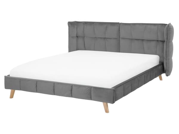 Grå seng med ramme betrukket med velour 160 x 200 cm quiltet sengegavl med bevægelige vinger retro look