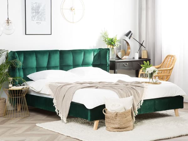 Mørkegrøn seng med ramme betrukket med velour 180 x 200 cm quiltet sengegavl med bevægelige vinger retro look