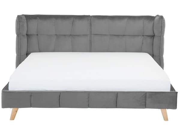 Parisänky harmaa sametti verhoiltu puujalat 180 x 200 cm sälepohja tikattu pehmustettu pääty retro tyyli
