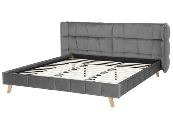 Parisänky harmaa sametti verhoiltu puujalat 180 x 200 cm sälepohja tikattu pehmustettu pääty retro tyyli