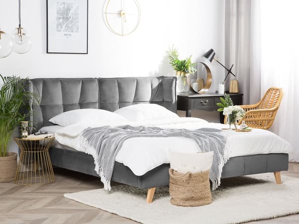 Parisänky harmaa sametti verhoiltu puujalat 180 x 200 cm sälepohja tikattu pehmustettu pääty retro tyyli