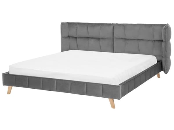 Parisänky harmaa sametti verhoiltu puujalat 180 x 200 cm sälepohja tikattu pehmustettu pääty retro tyyli