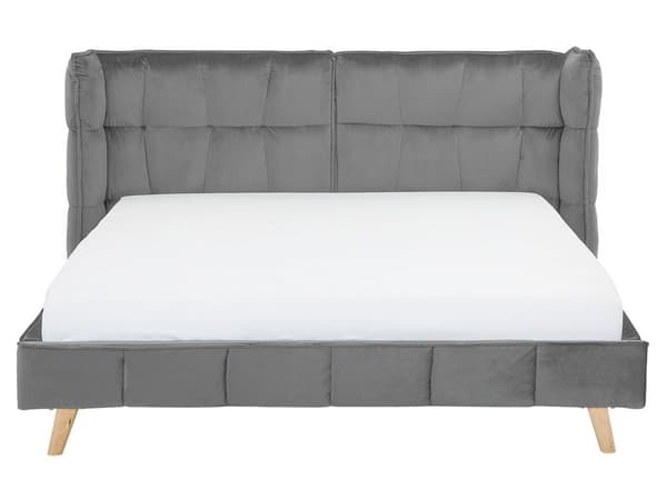 Parisänky harmaa sametti verhoiltu puujalat 160 x 200 cm sälepohja tikattu pehmustettu pääty retro tyyli