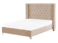 Miniatyrbillede 1 af 11: En Beige Polstret Seng 160 x 200 cm med en Ramme og en Høj Quiltet Sengegavl
