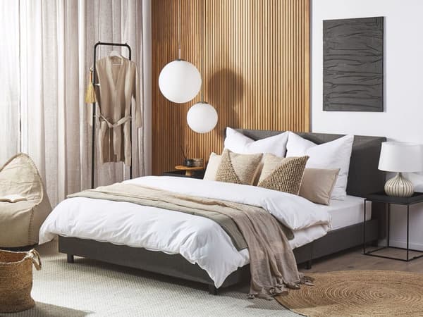 Seng Grå Polyester i Poppeltræ med Sort Pulverlakeret Metalben 160 x 200 cm Dobbelt Stødabsorberende Lamelbund Dupper Soveværelse Indretning