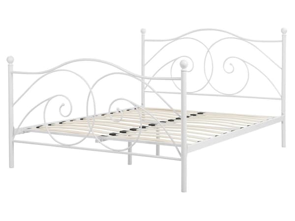 Dobbeltseng Hvidt Stel 160 x 200 cm Dekorativ Metalseng med Lamelbund Fransk Design Skandinavisk Minimalistisk Pigeværelse Indretning Tilbehør