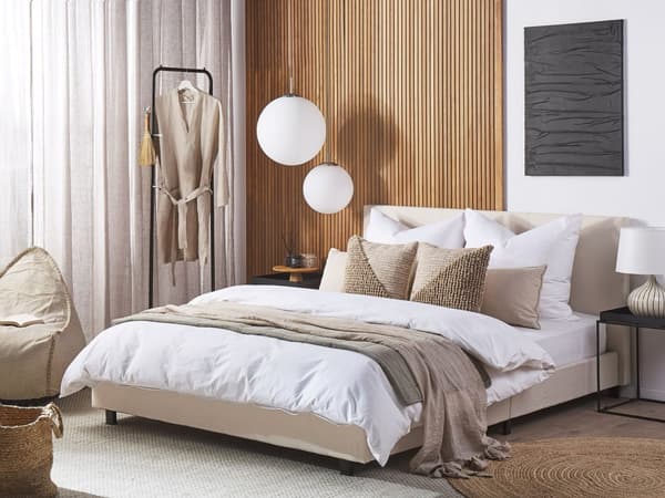 Seng Beige Polyester i Poppeltræ med Sort Pulverlakeret Metalben 160 x 200 cm Dobbelt Stødabsorberende Lamelbund Dupper Soveværelse Indretning